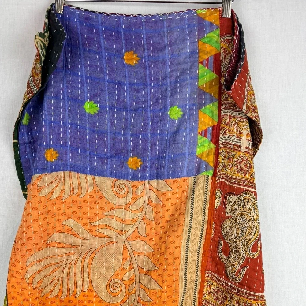 Vintage Kantha Reversible Indian Cotton Block Print Patchwork Boho Throw 54 x 88